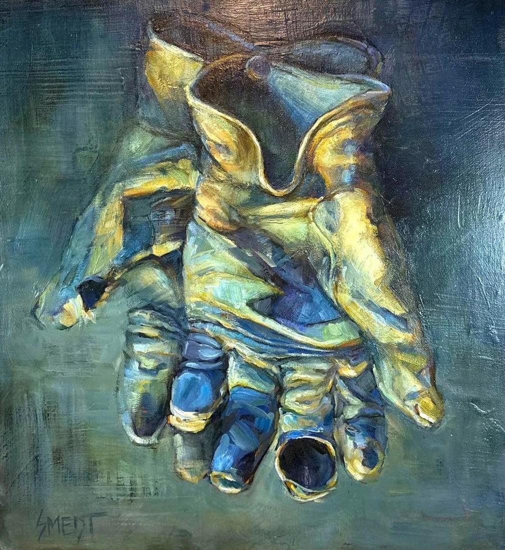 GORDON KEITH SMEDT (B. 1961) ACRYLIC ON CANVAS WORK GLOVES 1996: Original large-scale acrylic on canvas painting of worn work gloves by American Pop artist Gordon Keith Smedt dated 1996. Approximate Dimensions: 32" X 30" Artist: Gordon Keith Smedt Provenance: From 