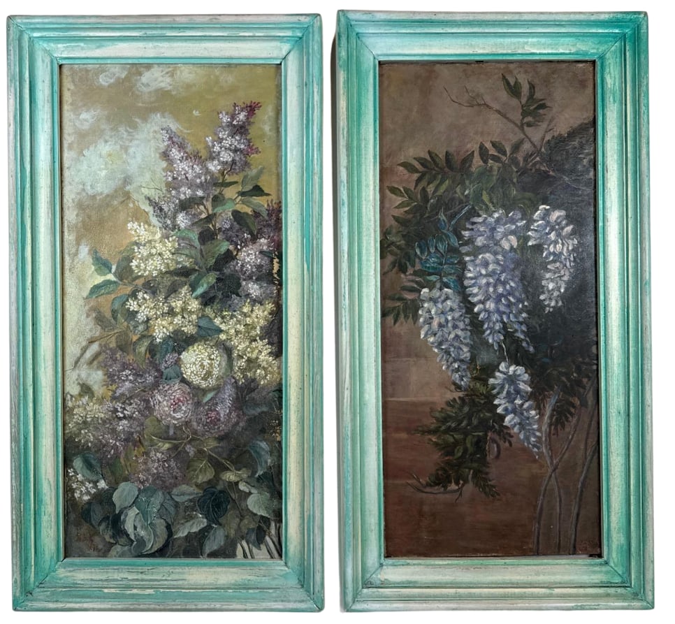 PAIR OF SIGNED VINTAGE FLORAL OIL PAINTINGS IN DISTRESSED FRAMES: Two large vertical format botanical studies of lilacs and wisteria housed in distressed verdigris wooden frames. Approximate Dimensions: 36" x 18" ; Frame 42" x 22" Artist or Maker: Un