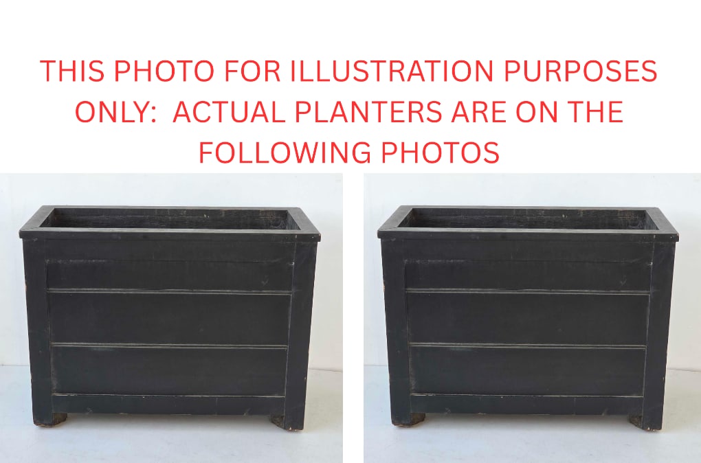 PAIR OF VINTAGE LARGE BLACK PAINTED PANELED WOOD GARDEN PLANTERS (1 of 3)