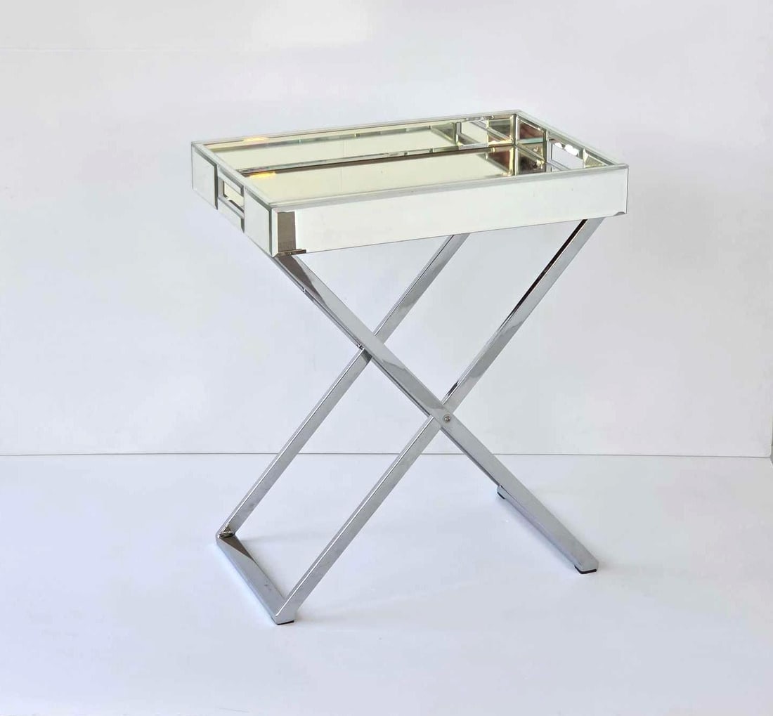HOLLYWOOD REGENCY MIRRORED TRAY ON FOLDING STAND (1 of 12)