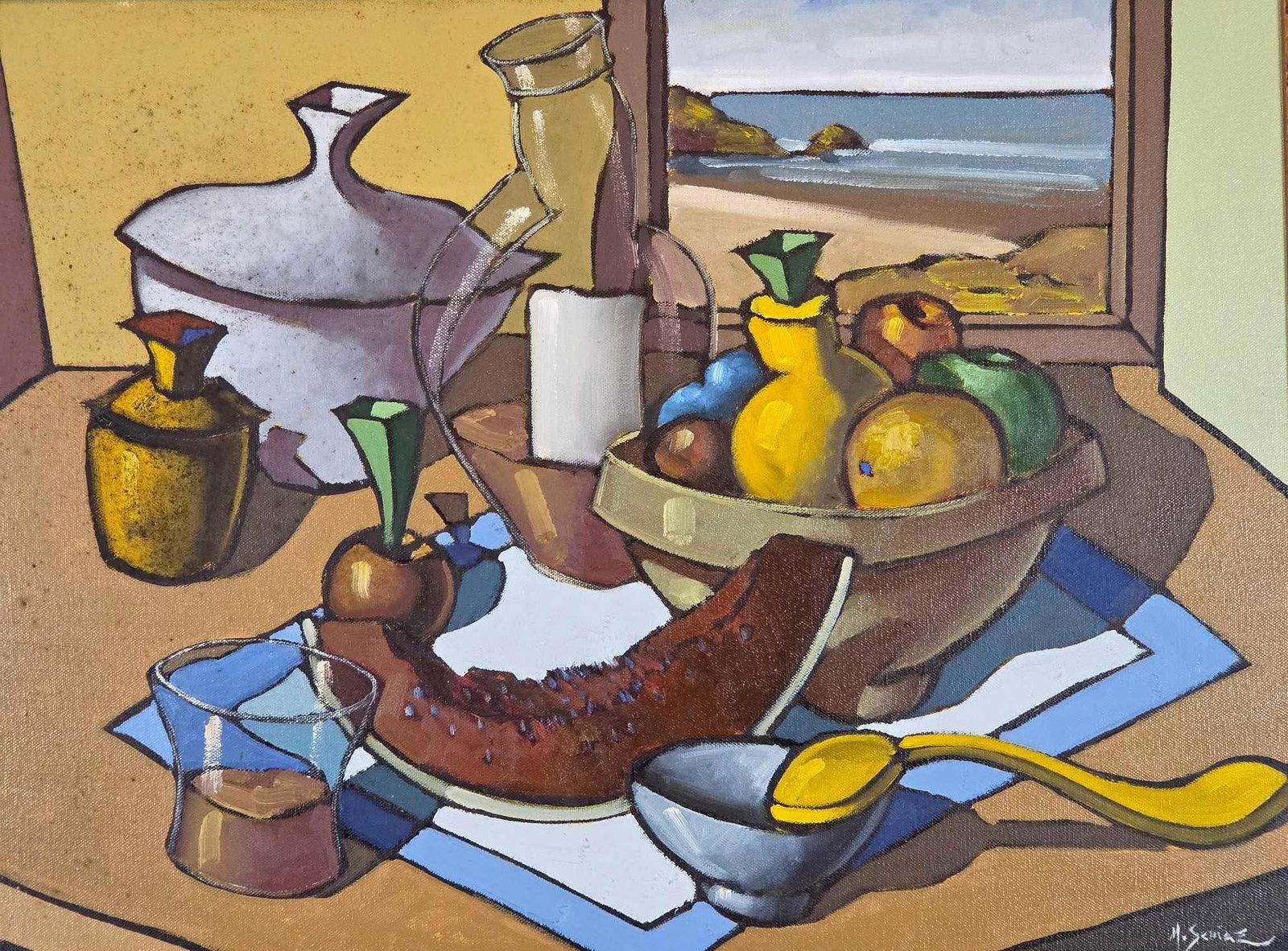 MÃRCIO SCHIAZ (BRAZILIAN, CONTEMPORARY) POST-CUBIST STILL LIFE OIL ON CANVAS: Modern post-cubist oil composition by Brazilian artist MÃ¡rcio Schiaz. Approximate Dimensions:Â Â 19â€ x 27â€; Frame