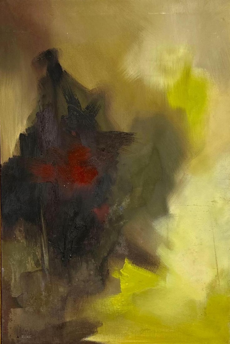 KLINE ABSTRACT OIL ON CANVAS: Mid-century modern abstract expressionist composition rendered in a moody palette of earth tones with a vibrant chartreuse and deep crimson focal field. Approximate