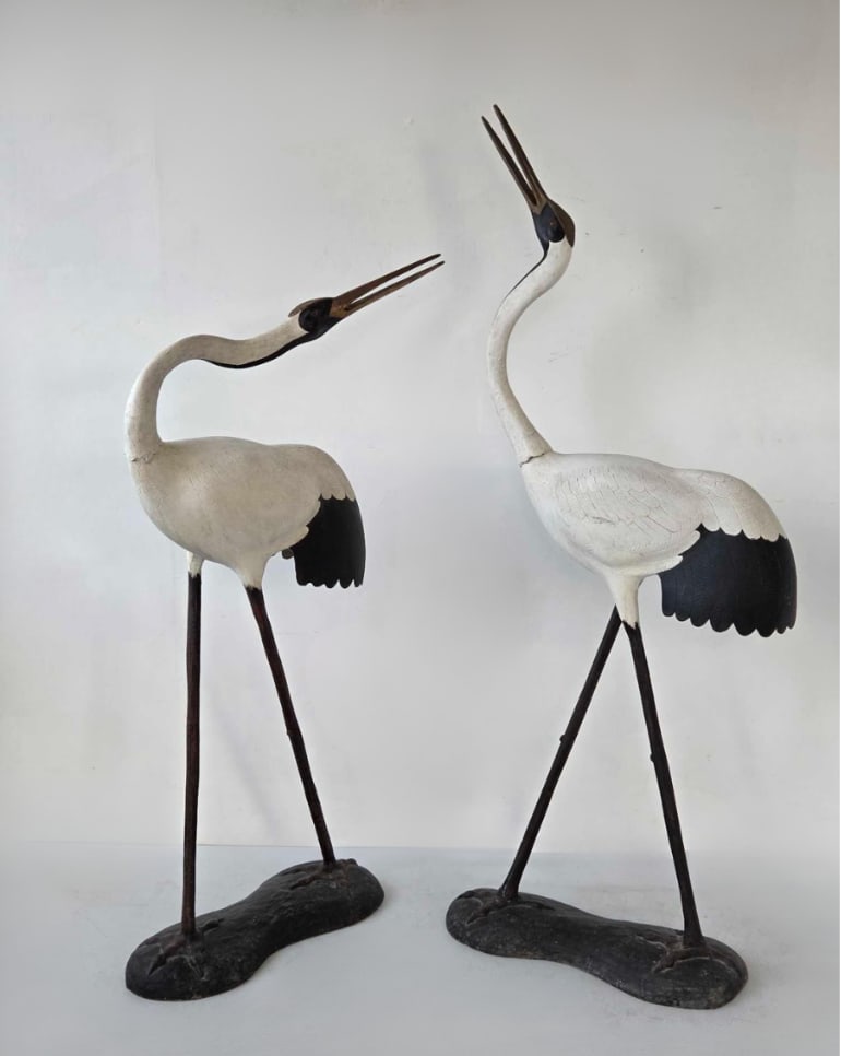 MAITLAND SMITH STYLE LARGE COMPOSITE LIFE SIZE CRANE STATUES PAIR: Two tall composite egret or crane bird figures hand painted in white and black. Approximate Dimensions:Â 59.5"h x 28"w x 9"d Artist or Maker: Unknown Provenance: From a New York Collector Notes: