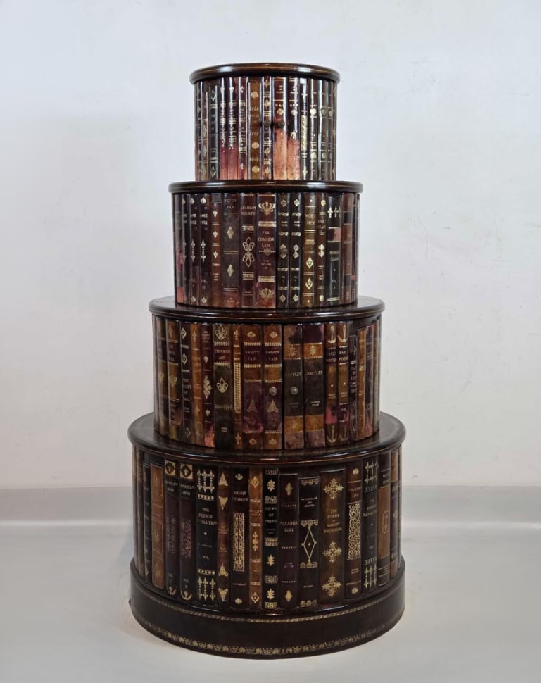MAITLAND-SMITH STYLE TALL FOUR TIER STACKED FAUX BOOK STAND CABINET WITH HAND TOOLED LEATHER (1 of 20)