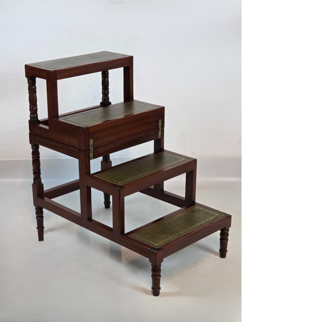 REGENCY STYLE MAHOGANY AND TOOLED LEATHER FOUR-RISER FOLDING LIBRARY STEPS (1 of 12)