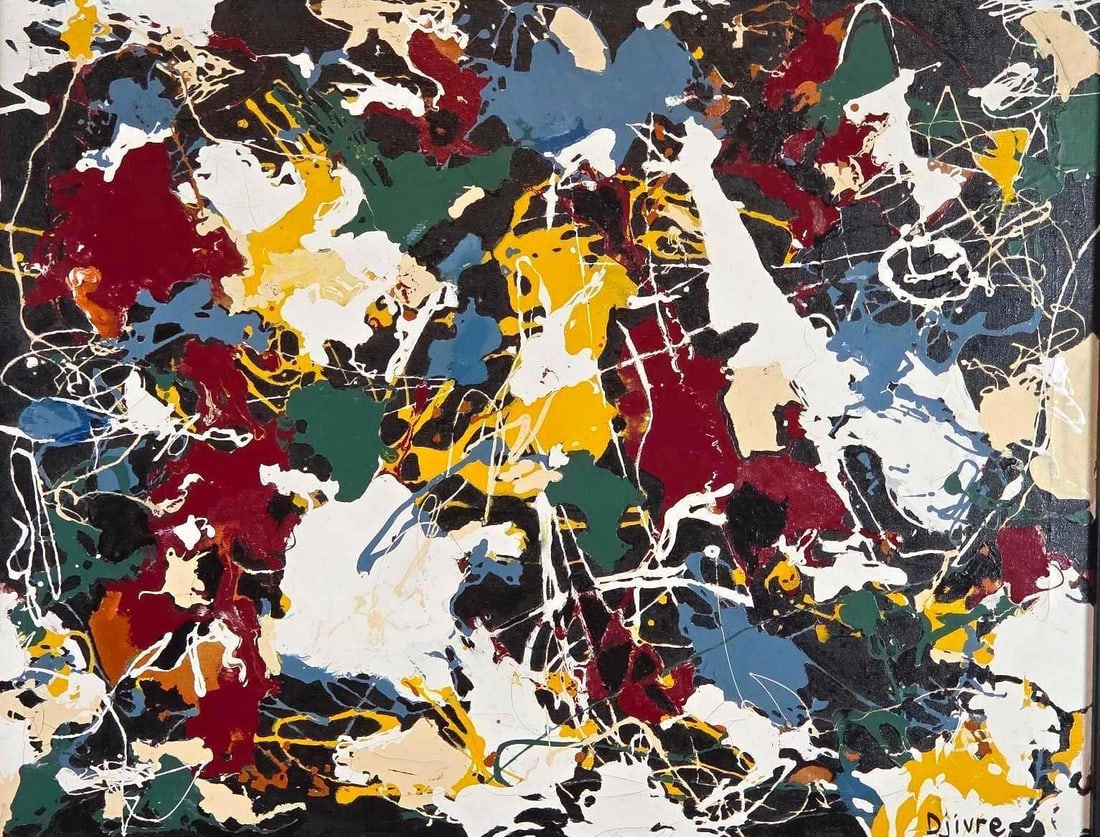 "DJIVRE" SIGNED MID-CENTURY MODERN ACTION ABSTRACT EXPRESSIONIST OIL ON CANVAS: Mid-century modern horizontal abstract expressionist painting by Djivre, featuring a complex, high-contrast matrix of dense, overlapping colors—including deep crimson, forest green, golden yellow, s