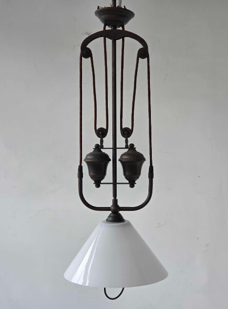 VINTAGE INDUSTRIAL STYLE DOUBLE PULLEY ADJUSTABLE CHANDELIER WITH MILK GLASS SHADE (1 of 2) (1 of 15)