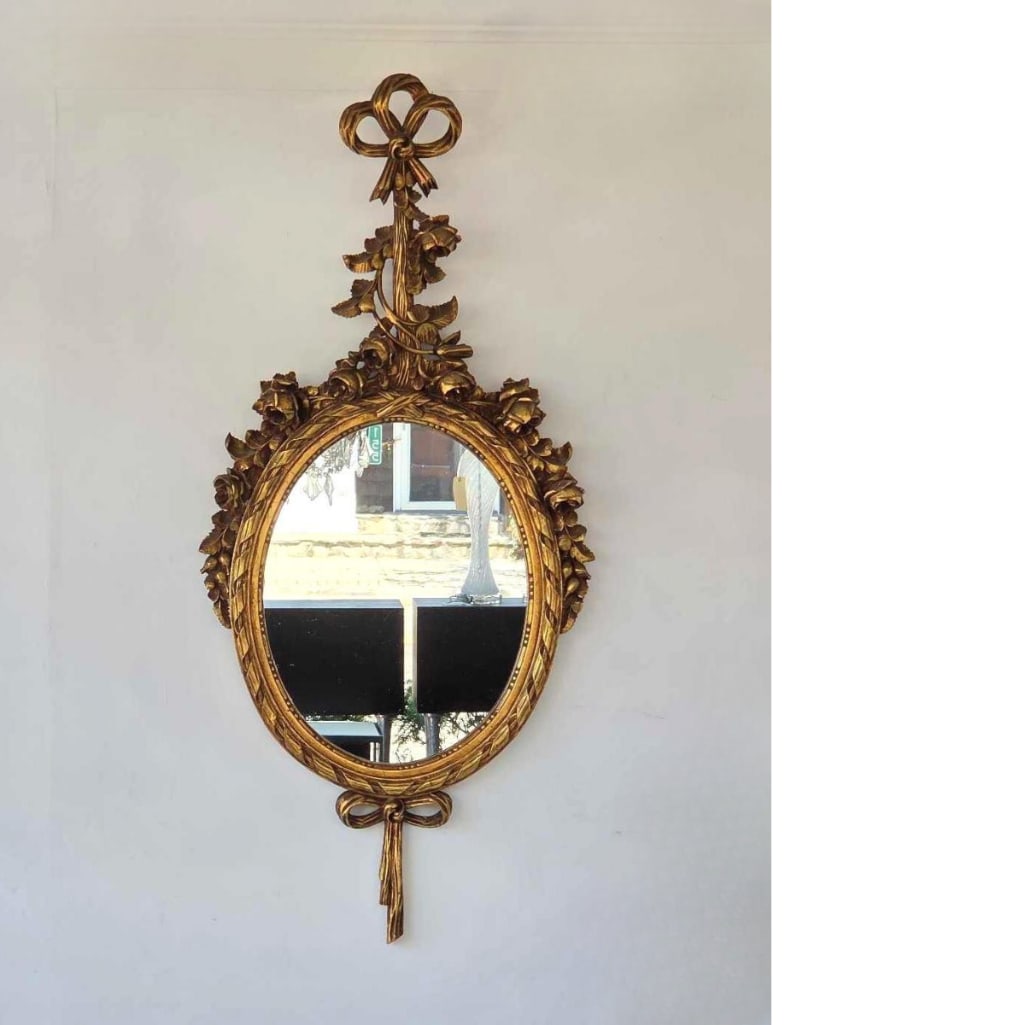 LOUIS XVI STYLE GILT CARVED WOOD ROSE MOTIF OVAL MIRROR  (1 of 7)