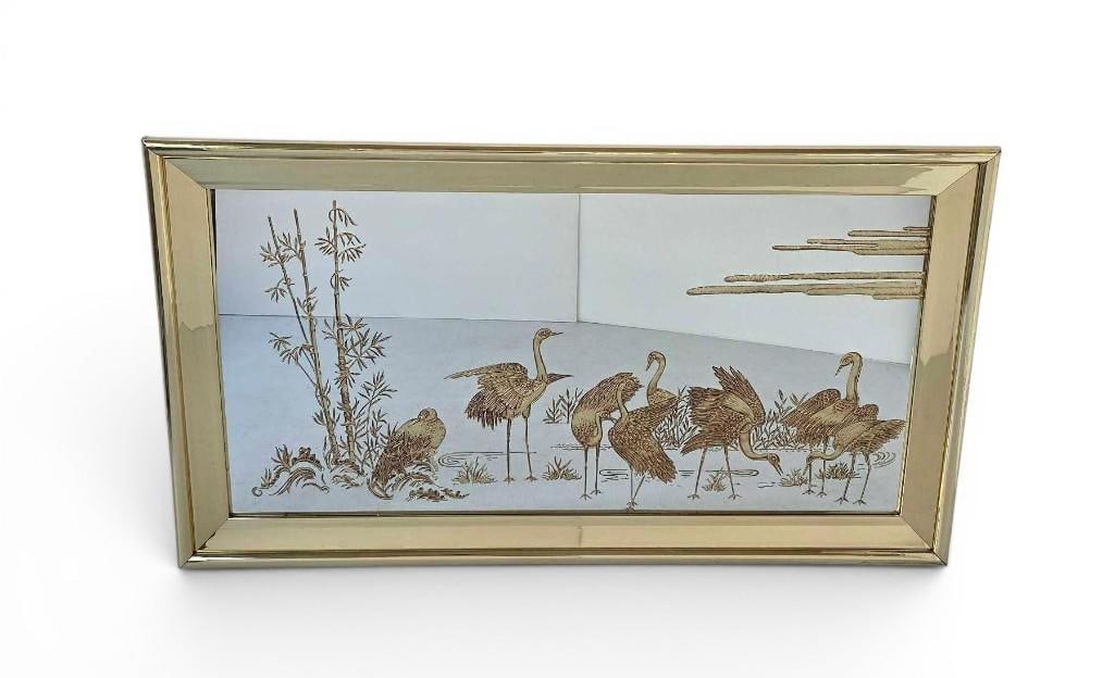 VINTAGE HOLLYWOOD REGENCY EGLOMISE STYLE CRANE AND BAMBOO MOTIF MIRROR 54" x 30" (1 of 18)