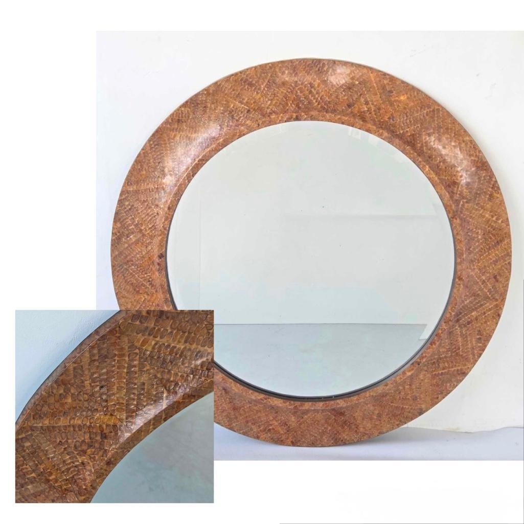 MCM HOLLYWOOD REGENCY ROUND SNAKESKIN WALL MIRROR IN STYLE OF KARL SPRINGER MASTERCRAFT 41" (1 of 13)