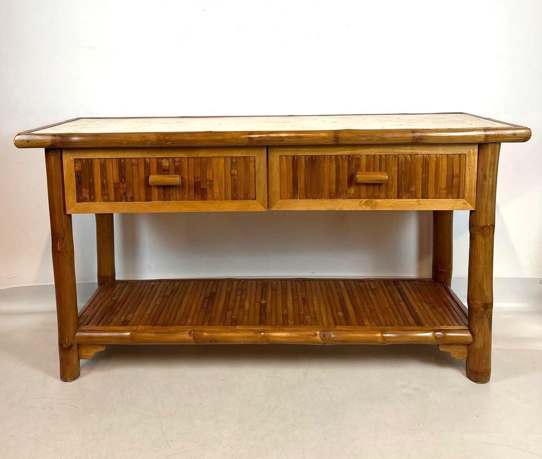 COASTAL BAMBOO RATTAN & STONE CONSOLE TABLE - IMPRESSIVE ENTRYWAY SOFA TABLE (1 of 10)
