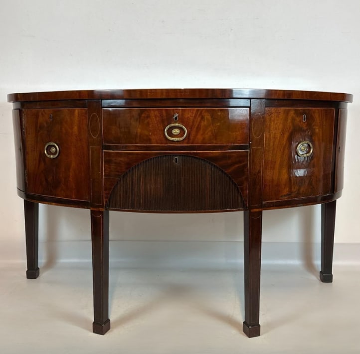 HEPPLEWHITE STYLE INLAID MAHOGANY DEMILUNE SIDEBOARD CONSOLE TABLE (1 of 15)