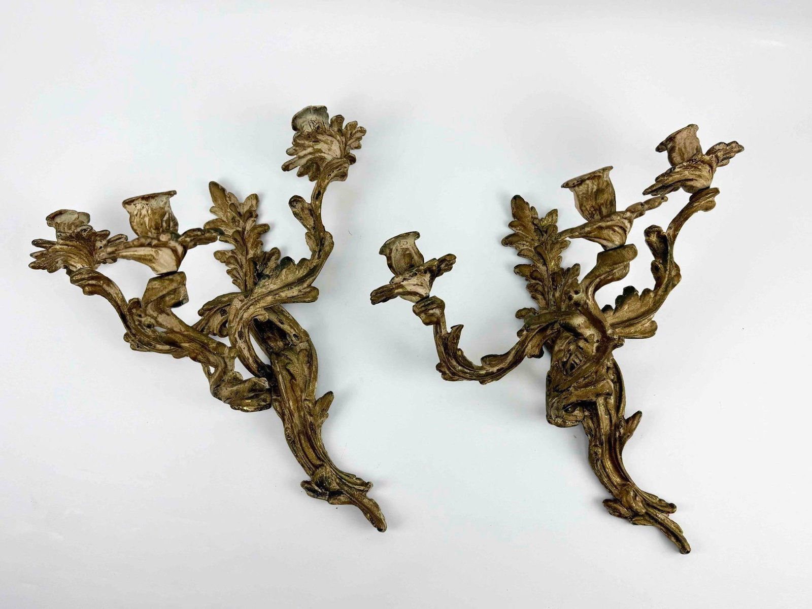 LOUIS XV STYLE ORNATE BRONZE THREE-CANDLE WALL SCONCES PAIR (1 of 11)