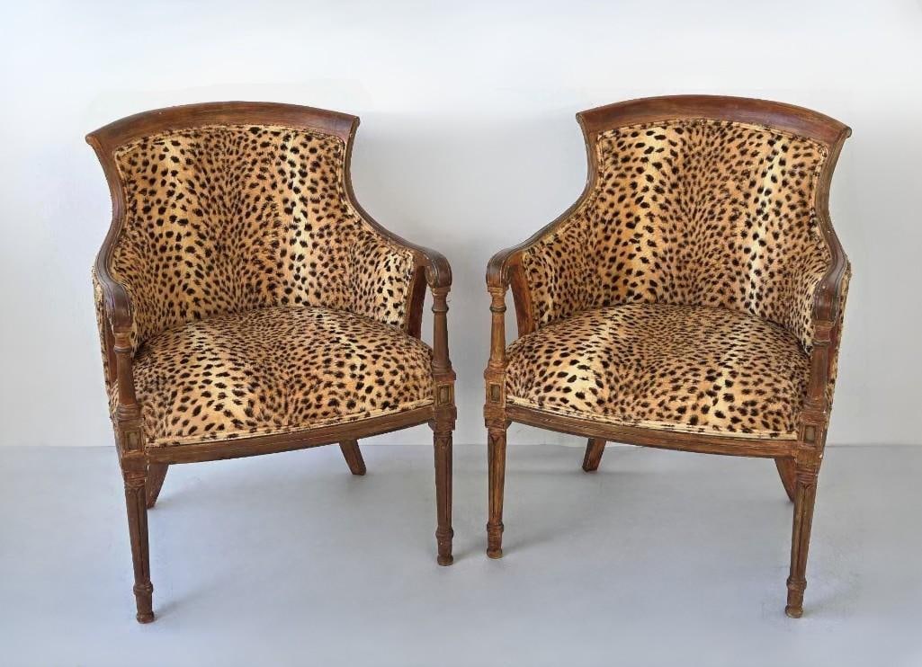 PAIR OF LOUIS XVI STYLE LEOPARD PRINT UPHOLSTERED ARM CHAIRS (1 of 17)