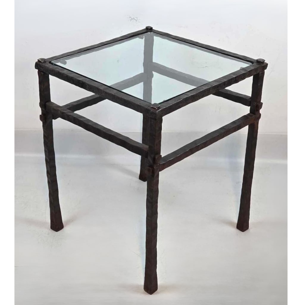 ROBERT FERRARONI BRUTALIST SQUARE GLASS AND FORGED STEEL SIDE TABLE (1 of 14)