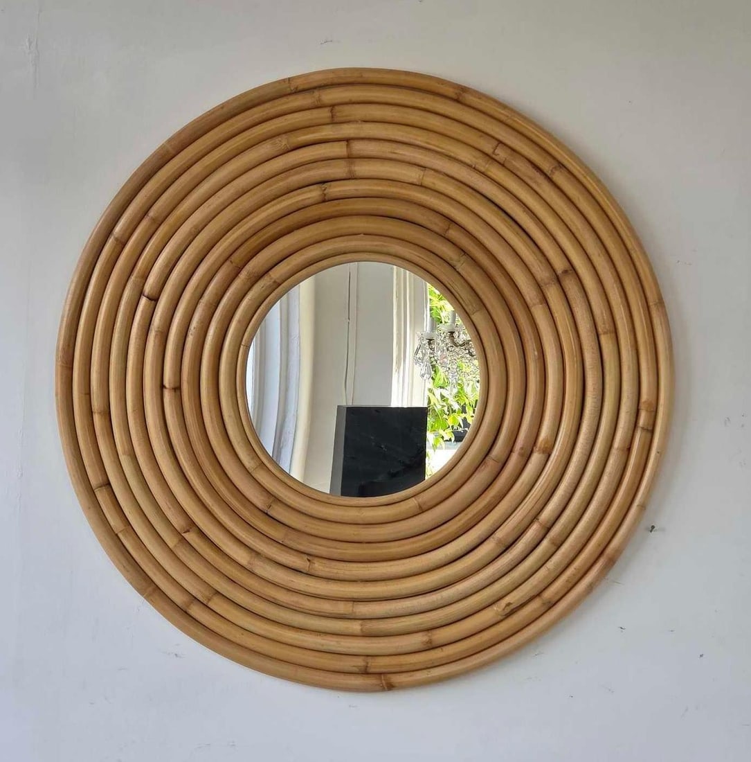 VINTAGE GABRIELLA CRESPI STYLE BENT RATTAN CIRCULAR WALL MIRROR (1 of 10)