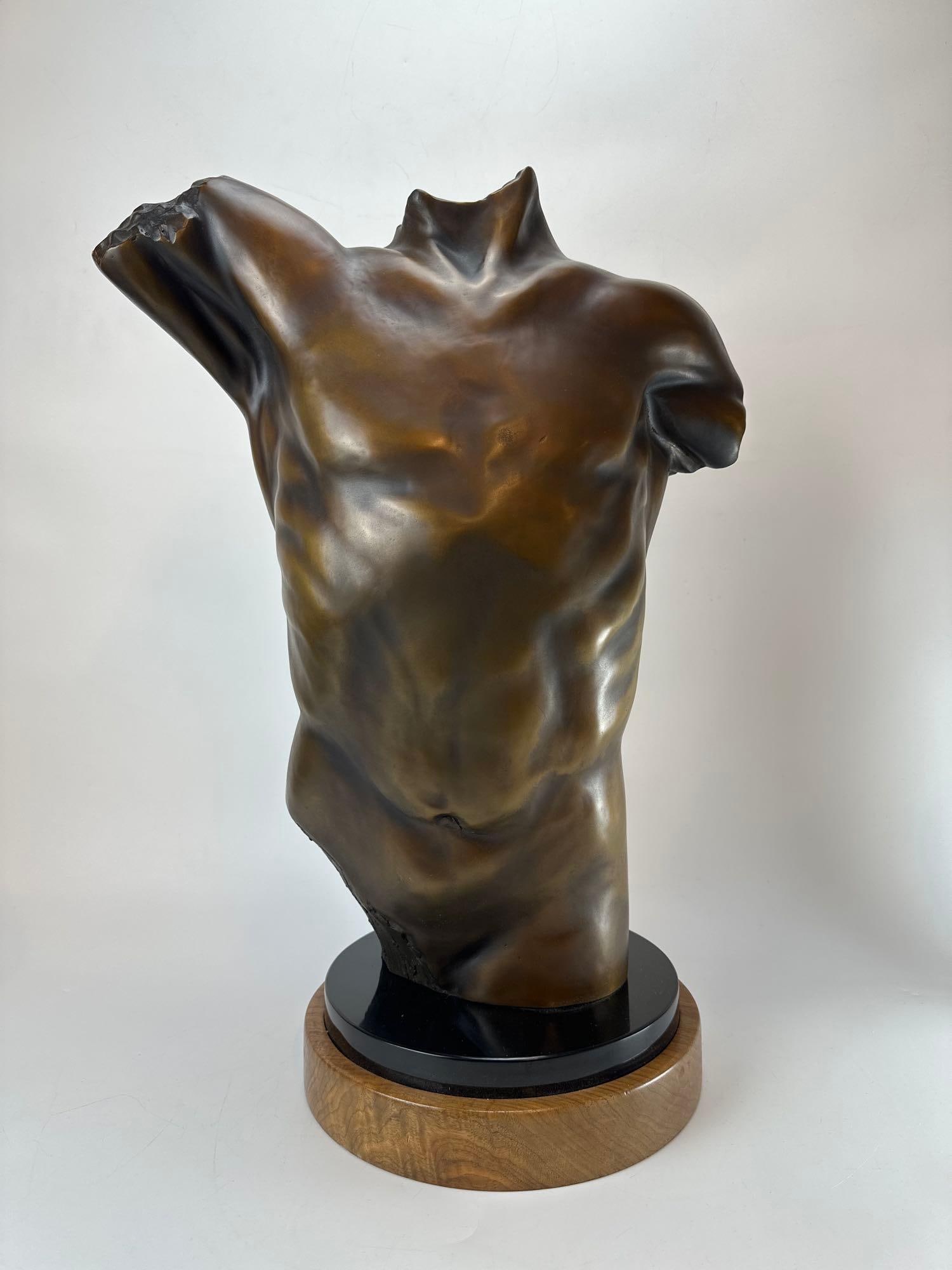HUBERTO MAESTAS SIGNED BRONZE MALE TORSO SCULPTURE: Patinated bronze fine art sculpture depicting a classical muscular male torso. Approximate Dimensions: 16â€x10â€x24â€ Artist or Maker: Huberto Maesta