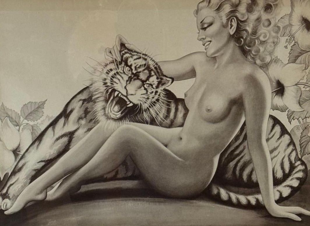 GEORGE QUAINTANCE VINTAGE LITHOGRAPH: A print depicting a reclining female nude with a tiger in a tropical landscape by the renowned mid-century physique artist Approximate Dimensions:Â 16" X 22"; Frame 19" x 36"