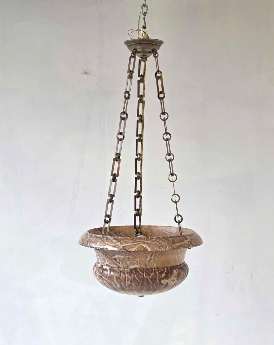ALABASTER PINK VEINED NEOCLASSICAL BOWL PENDANT LIGHT FIXTURE (1 of 19)
