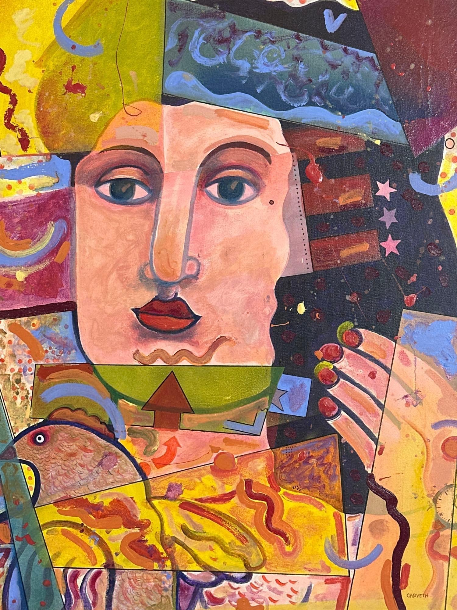 SIGNED CARVETH HILTON ABSTRACT PORTRAIT ACRYLIC ON CANVAS (1 of 6)