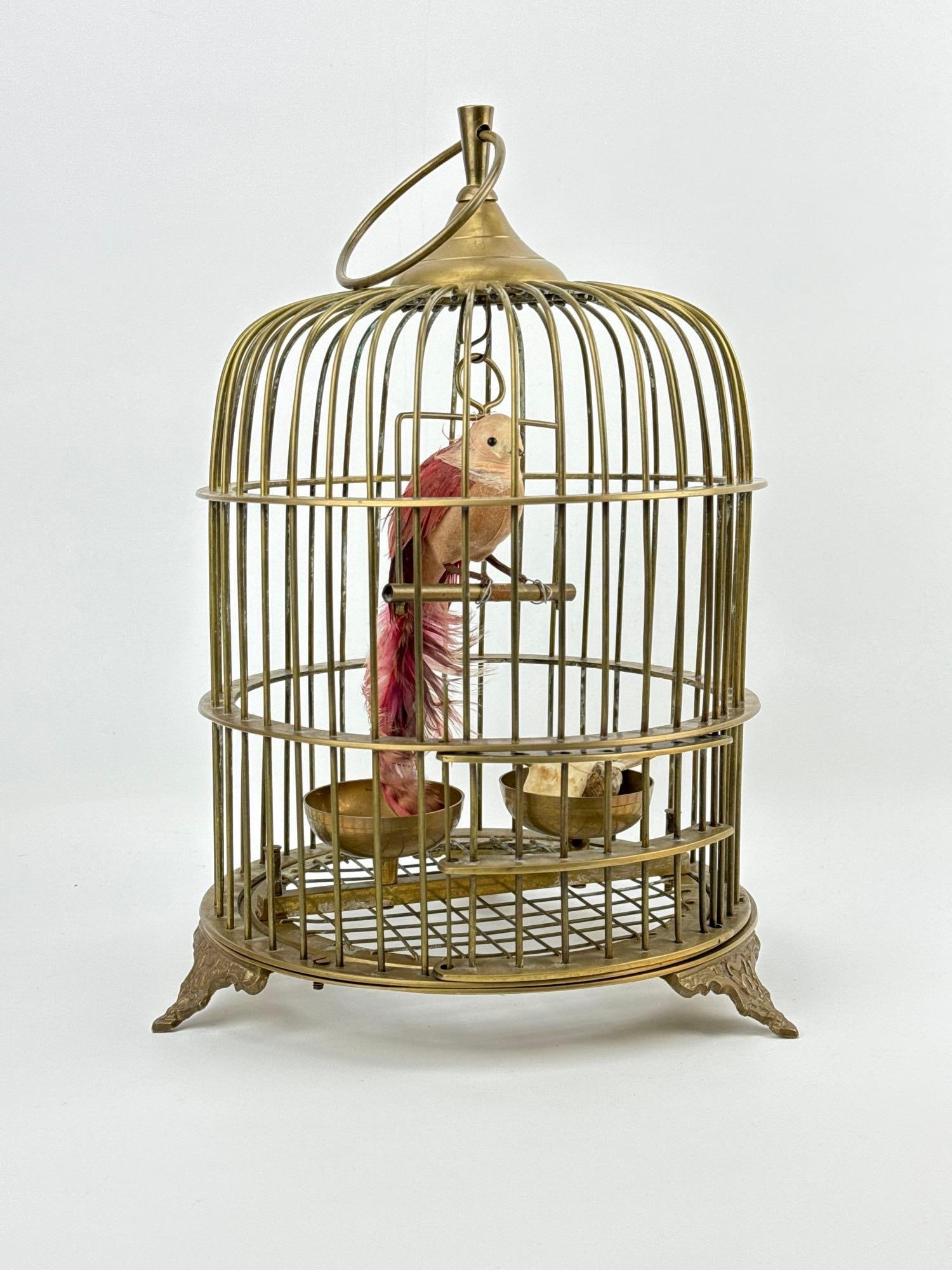 VINTAGE BRASS BIRDCAGE WITH FAUX FEATHERED COMPOSITION BIRDS (1 of 8)