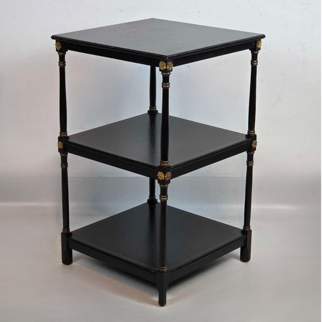 REGENCY STYLE BLACK LACQUER THREE TIER BRASS MOUNTED ETAGERE (1 of 10)