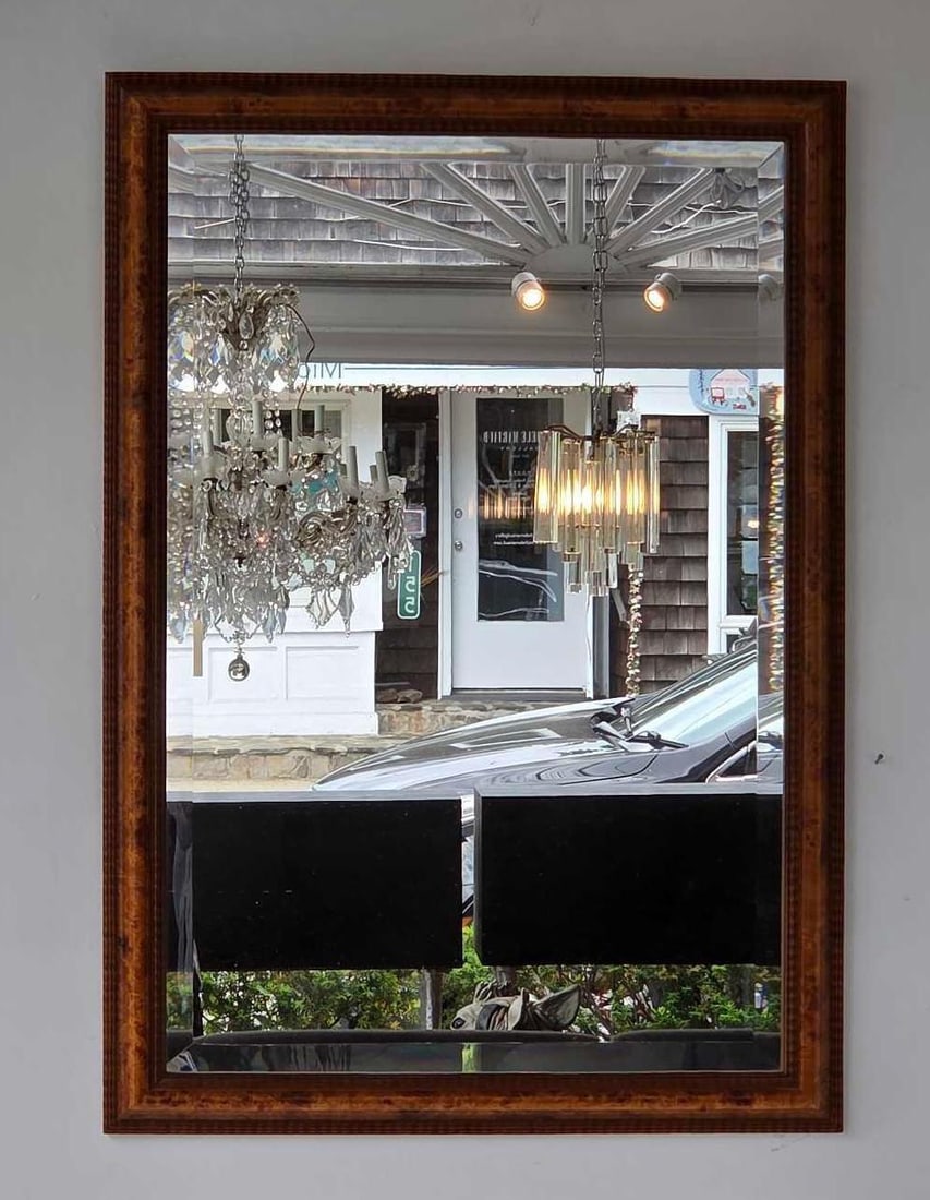LA BARGE STYLE ITALIAN BURLED WOOD FRAMED BEVELED WALL MIRROR: Large rectangular wall mirror in a warm faux tortoiseshell burl wood finish frame with elegant beveled edge glass paneling Approximate Dimensions: 40.25" x 28.25" Artist or Maker: Unknown