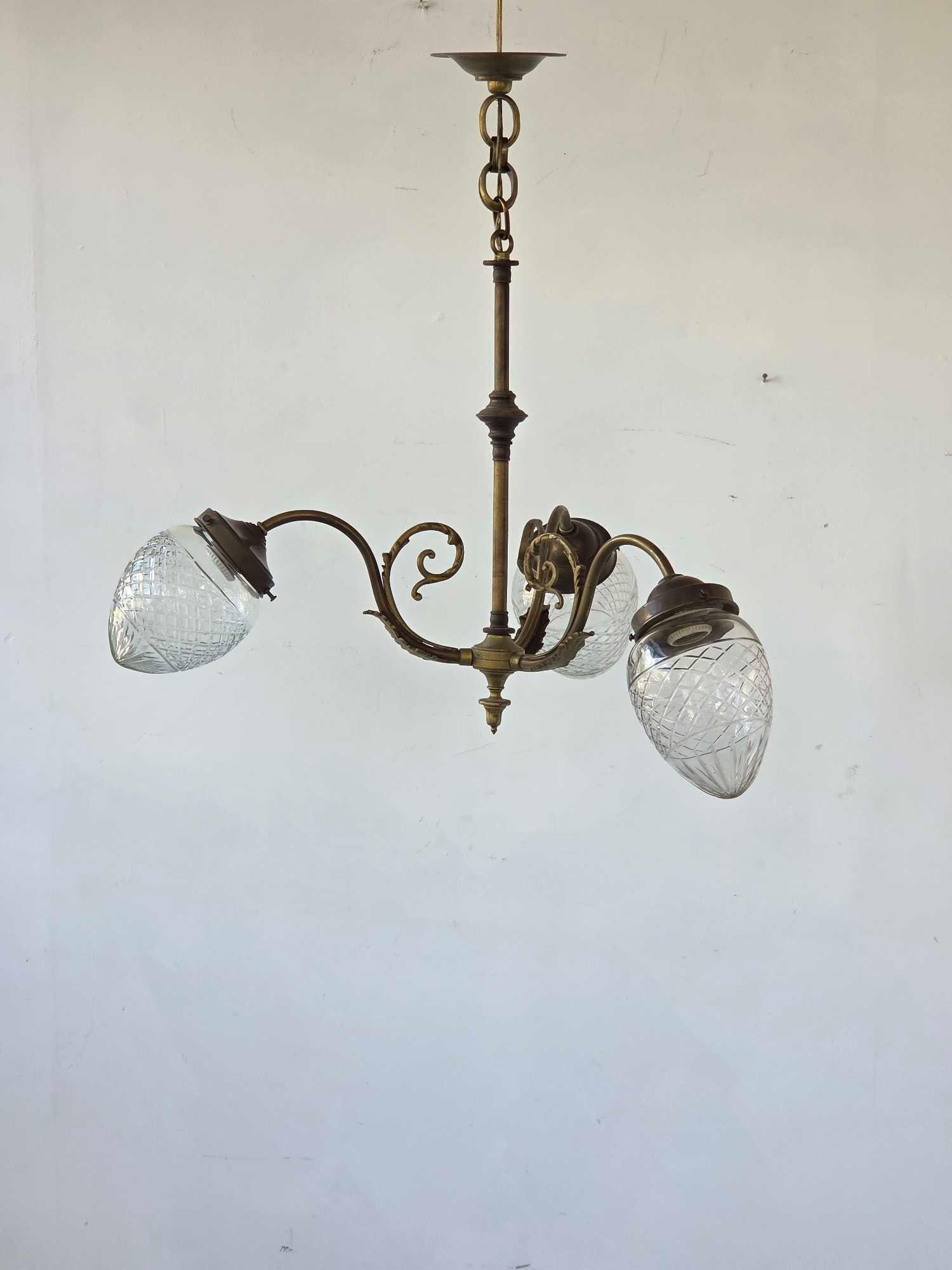 ANTIQUE EDWARDIAN STYLE BRASS THREE-ARM CHANDELIER WITH CUT GLASS ACORN SHADES (1 of 12)