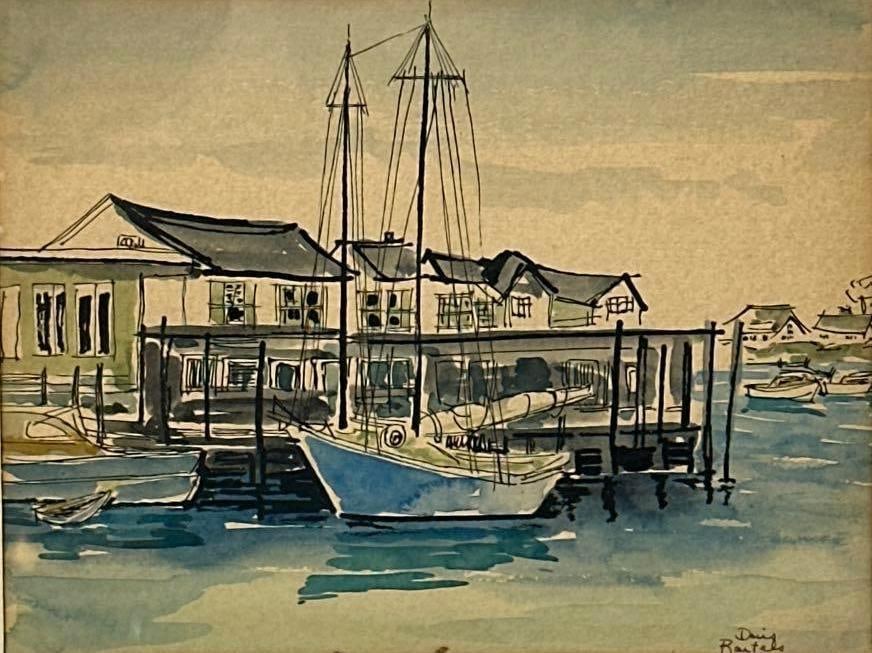 VINTAGE WATERCOLOR AND INK HARBOR SCENE BY DORIS BARTELS (1 of 7)