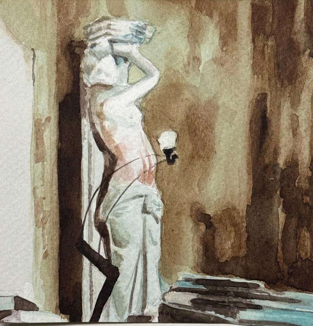 TOM FABRITIUS CONTEMPORARY WATERCOLOR SIGNED LEIPZIG SCHOOL ART: *Contemporary watercolor on paper depicting a classical female figure in profile. Approximate Dimensions: 4.75" X 4.75" Artist or Maker: Tom Fabritius Provenance: From a New Y