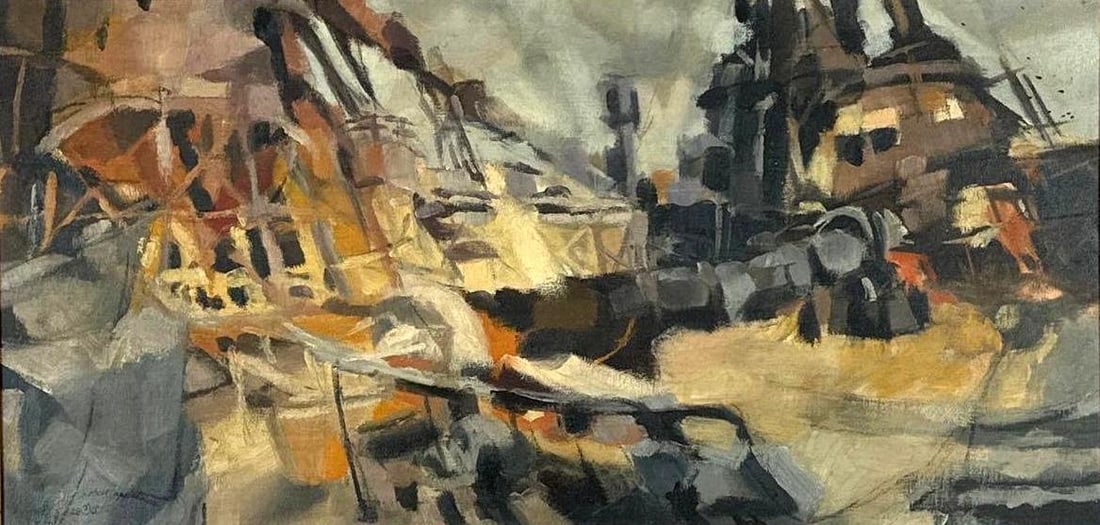 MID-CENTURY MODERNIST HARBOR OIL PAINTING BY ROBERT APPEL (1 of 8)