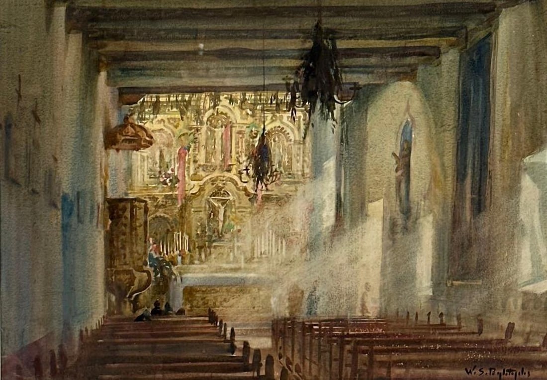 LARGE 20TH CENTURY WATERCOLOR CHURCH INTERIOR BY W. S. BAGDATOPOULOS (1 of 7)