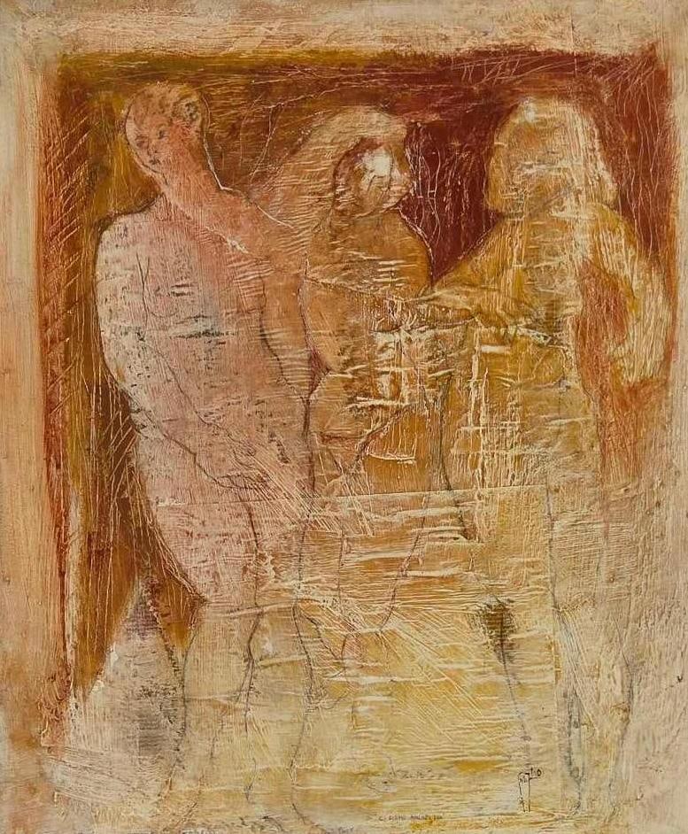 SIGNED VINTAGE MIXED MEDIA ON CANVAS "WE ARE HERE TOO": *Stylized mid-century modern mixed media composition on canvas depicting three expressive figures in a vibrant, layered impasto application with heavy textural elements. Approximate Dimensions: 23"
