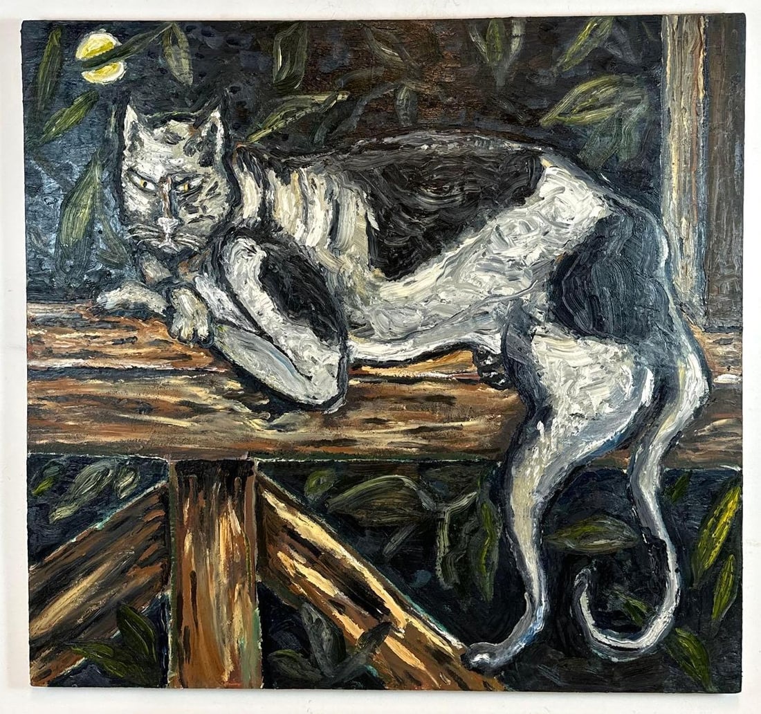 JAMES GRECO (AMERICAN, CONTEMPORARY) "CAT AT NIGHT" OIL ON BIRCH PANEL: *Large-scale impasto oil painting on birch wood panel depicting a reclining black and white cat in a nocturnal garden setting by New York artist James Greco. Dimensions: 48” x 45” Approxim