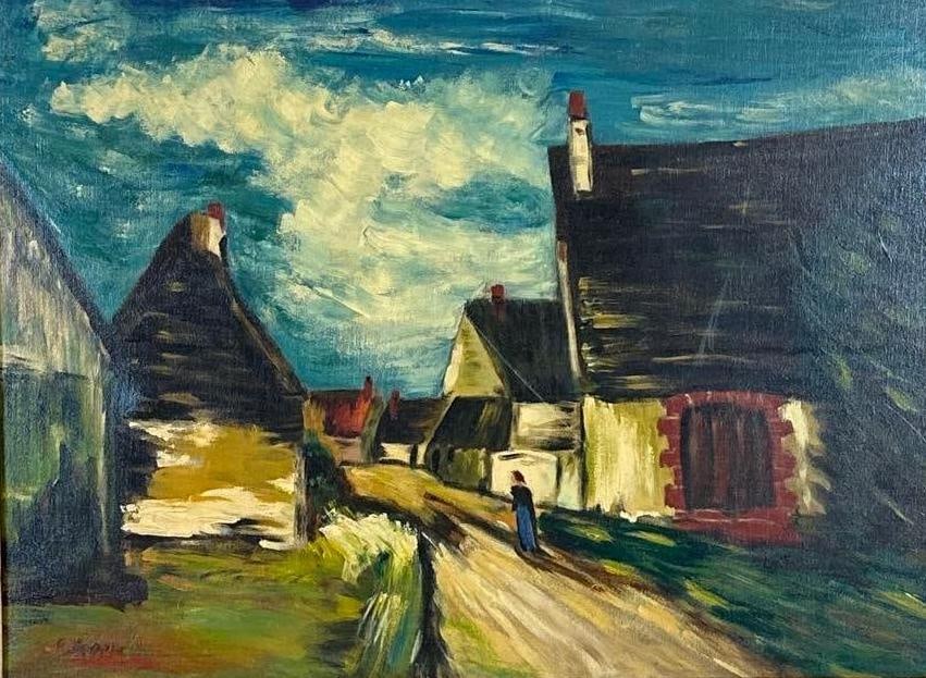 VILLAGE LANDSCAPE OIL ON CANVAS: *European school expressionist oil painting on canvas depicting a winding village road with thatched cottages under a dramatic sky, signed lower left, presented in a decorative carved giltwood frame w