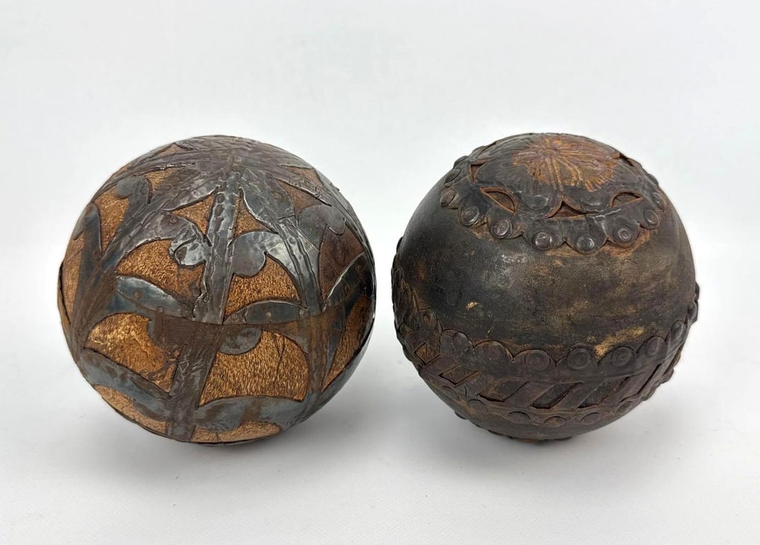 PAIR OF ANTIQUE HAND-CARVED COCONUT SHELL ORNAMENTAL SPHERES WITH METAL OVERLAYS (1 of 18)