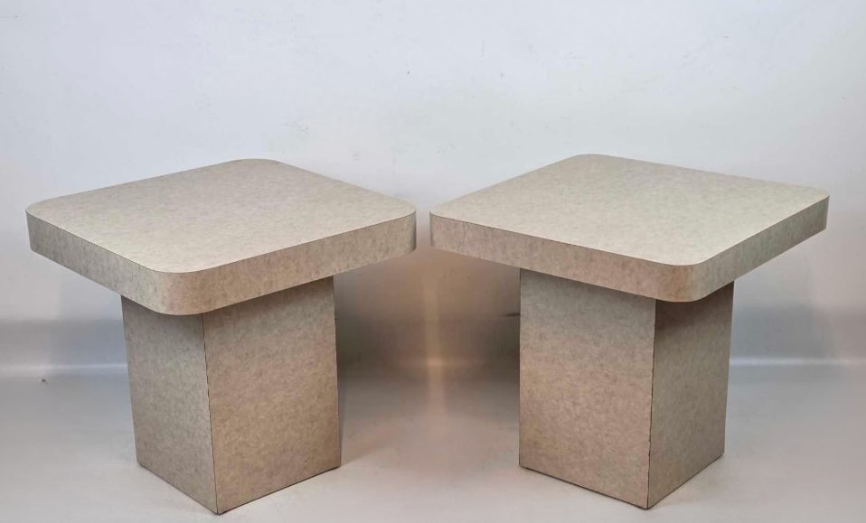 PAIR OF POSTMODERN FAUX TRAVERTINE LAMINATE END TABLES IN THE STYLE OF LANE (1 of 9)