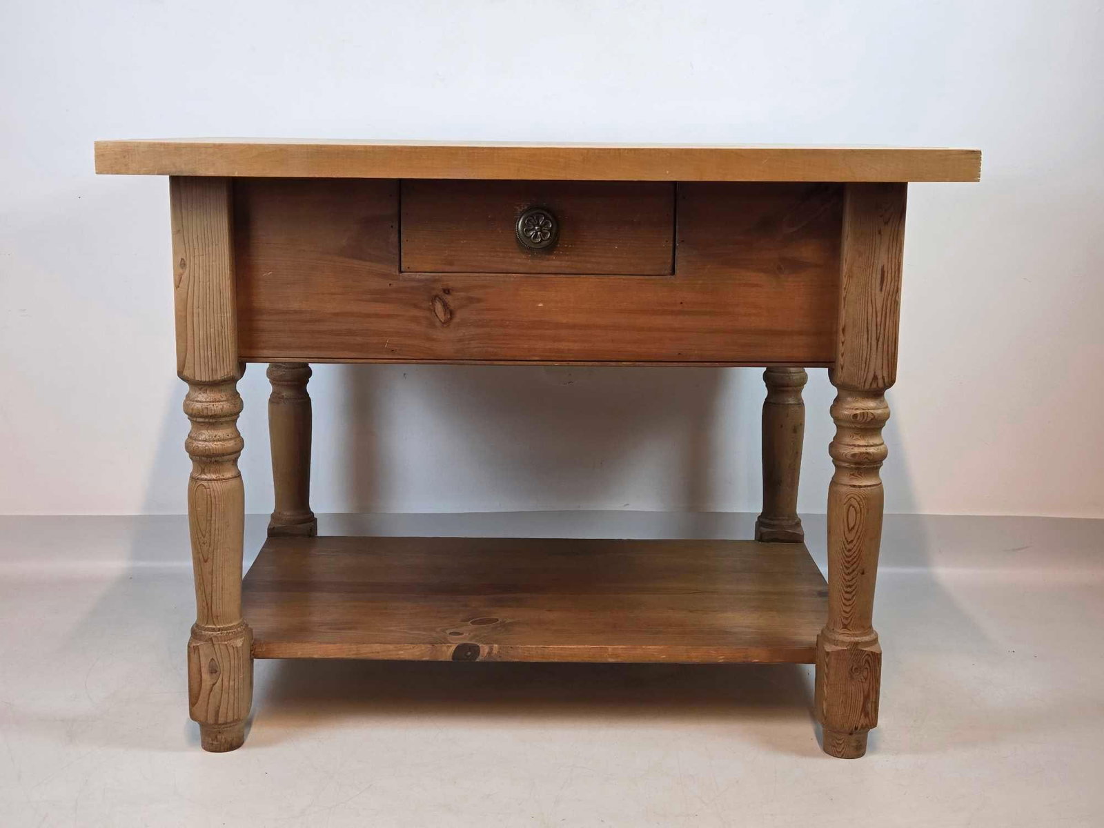 COUNTER/ ISLAND HEIGHT VINTAGE ONE DRAWER WORK TABLE: *Solid pine counter height work table with single drawer and lower shelf. Approximate Dimensions: 37"h x 48"w x 36"d Artist or Maker: Unknown Provenance: From a New York C
