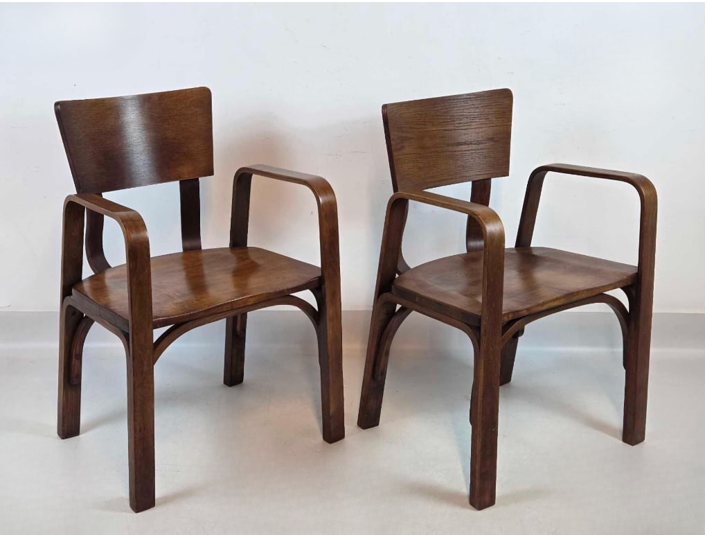 PAIR OF MID-CENTURY BENTWOOD ARMCHAIRS IN THE MANNER OF THONET (2 of 3): *A pair of Mid-Century Modern armchairs featuring steam-bent wood construction. Approximate Dimensions: 32.5"h x 21.75"w x 20.5"d Artist or Maker: Unknown Provenance: From a New York Colle