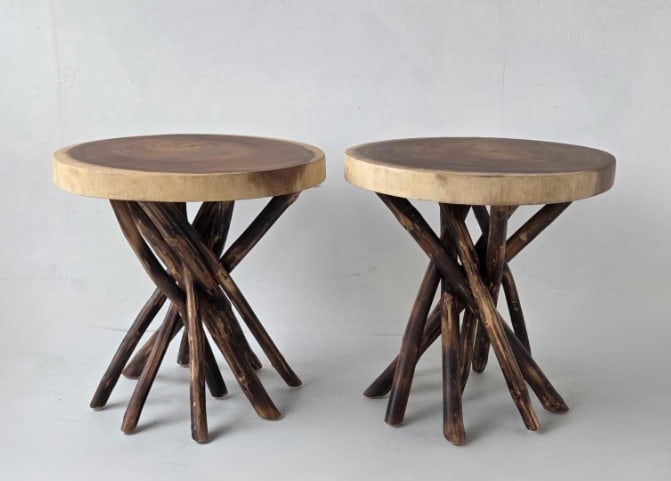 PAIR OF RUSTIC WOOD SLAB END TABLES WITH TREE BRANCH BASES (1 of 11)