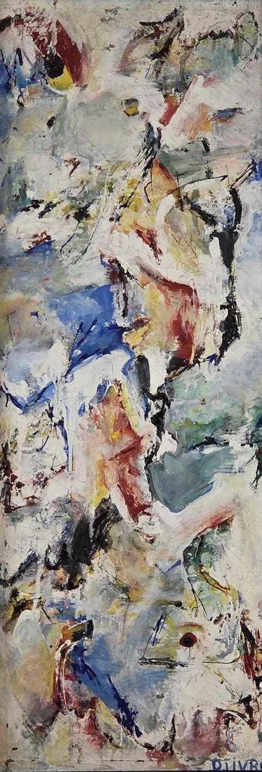 "DJIVRE" SIGNED MID-CENTURY MODERNE ABSTRACT EXPRESSIONIST PAINTING: Mid-century modern vertical abstract expressionist oil composition rendered with thick, gestural impasto paint. Approximate Dimensions: 48” x 18”; Frame 50” x 20” Artist or Mak