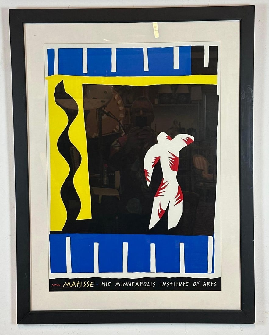 HENRI MATISSE VINTAGE EXHIBITION POSTER FOR THE MINNEAPOLIS INSTITUTE OF ARTS: Vintage museum exhibition poster rendering the iconic 1947 jazz cutout composition "The Clown" in vibrant tones of cerulean blue, canary yellow, and stark black. Approximate Dimensions: 32&rdq