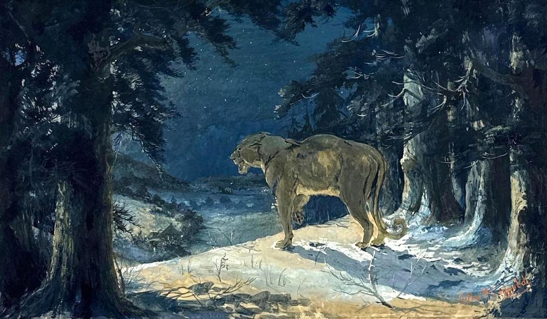 ARTHUR W. CORBOULD (BRITISH, 1852-1920) 1911 NOCTURNAL LION IN WINTER LANDSCAPE PAINTING (1 of 7)
