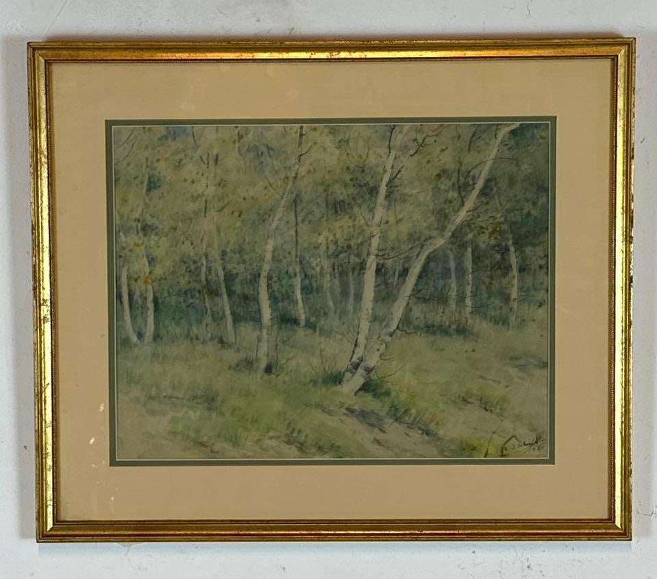 SIGNED 1920 LANDSCAPE WATERCOLOR PAINTING OF BIRCH TREES: Post-Impressionist style early 20th century watercolor on paper capturing a tranquil woodland setting with slender white birch trees growing amidst green grasses, signed lower right and dated 1920. Ap
