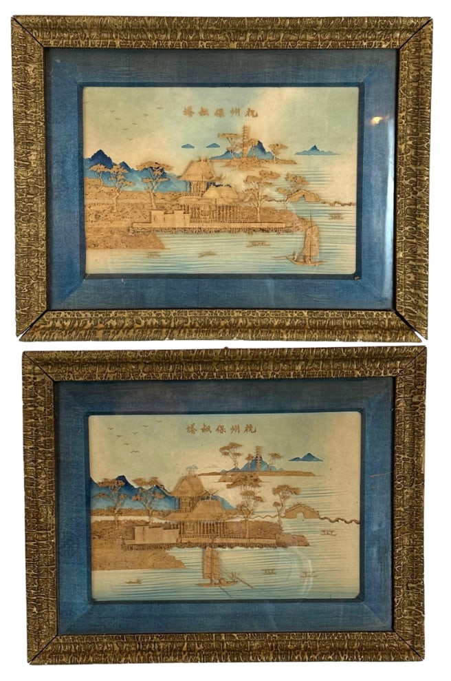 PAIR OF VINTAGE CHINESE FUZHOU CORK CARVING SHADOW BOX DIORAMAS (1 of 11)