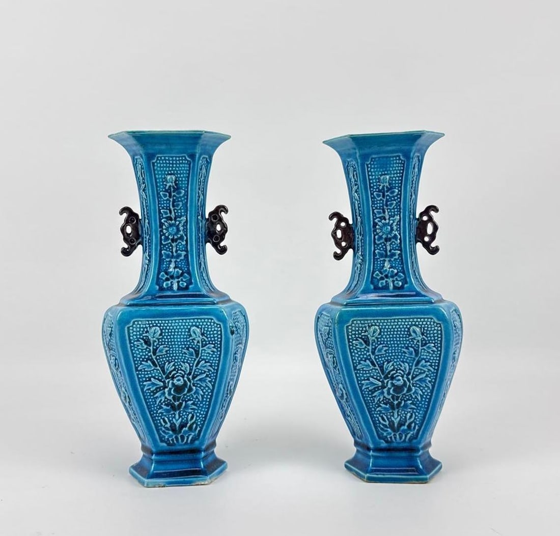 PAIR OF CHINESE TURQUOISE GLAZED HEXAGONAL BALUSTER VASES (1 of 11)