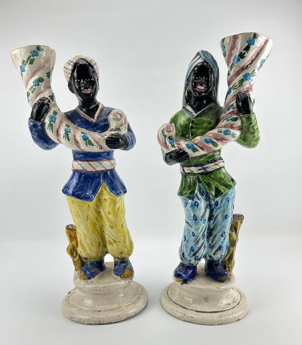 PAIR OF ABIGAILS ITALIAN POTTERY FIGURAL BLACKAMOOR VASES: A pair of tall, 20-inch Italian majolica-style earthenware figural vases by Abigails. Approximate Dimensions: 20"H x 10"W x 7"D Artist or Maker: Abigails Provenance: From a