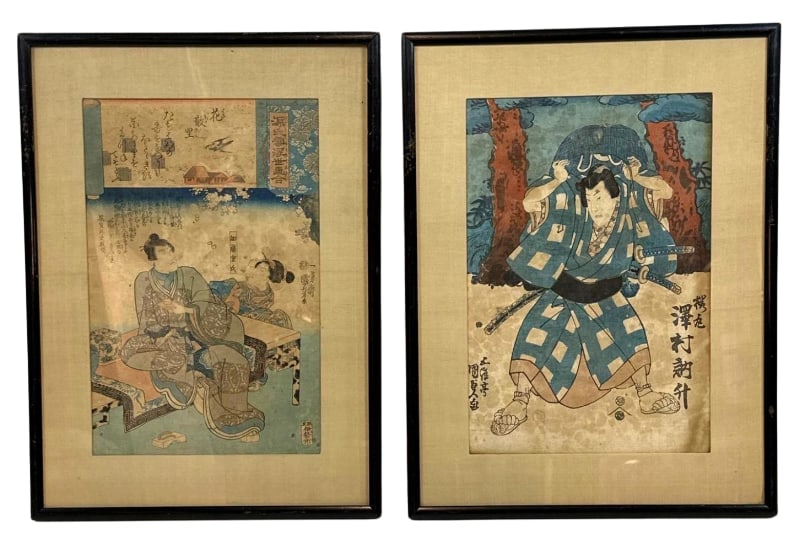 PAIR OF 19TH CENTURY JAPANESE WOODBLOCK PRINTS BY KUNISADA AND KUNIYOSHI: *A pair of authentic Edo period ukiyo-e woodblock prints featuring a kabuki actor by Utagawa Kunisada and a narrative scene from the Utagawa Kuniyoshi school. Approximate Dimensions: 14”x9&rdquo