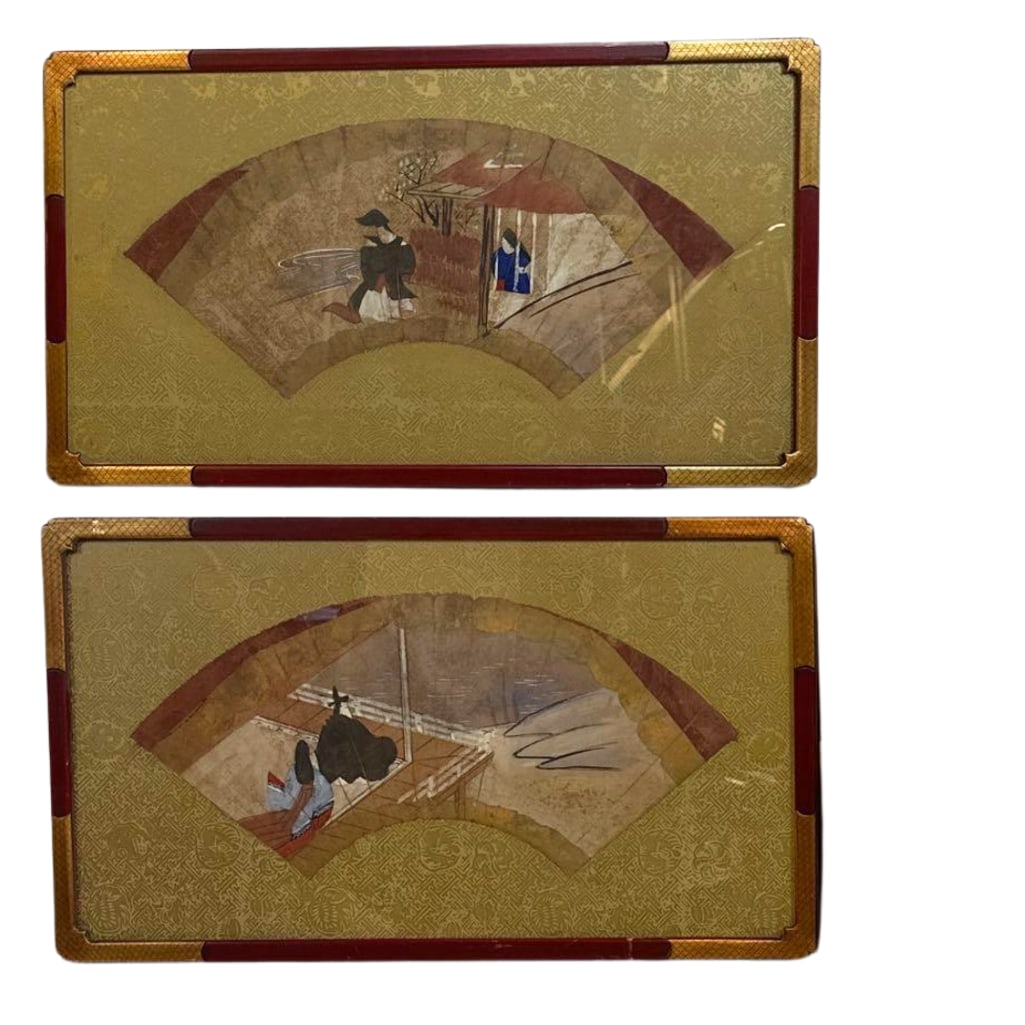 PAIR ANTIQUE JAPANESE EDO OR MEIJI PERIOD GILT FAN PAINTINGS (1 of 11)