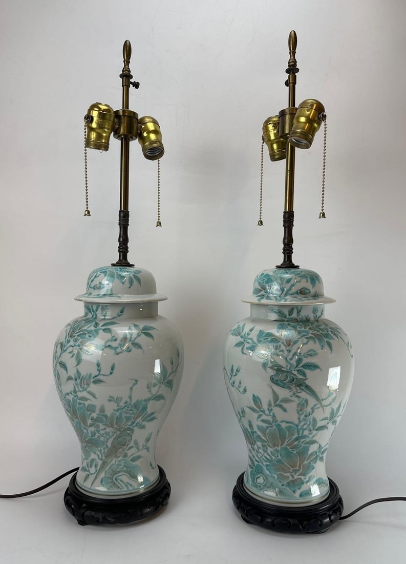 PAIR OF VINTAGE CHINESE STYLE CELEDON MONOCHROME GINGER JAR LAMPS (1 of 10)